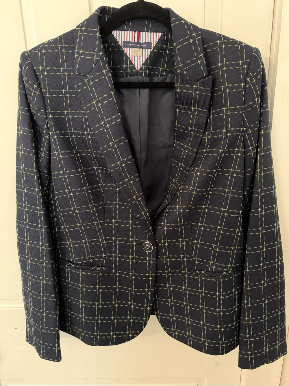 Tommy Hilfiger Navy Green Plaid One Button Blazer Size 12
